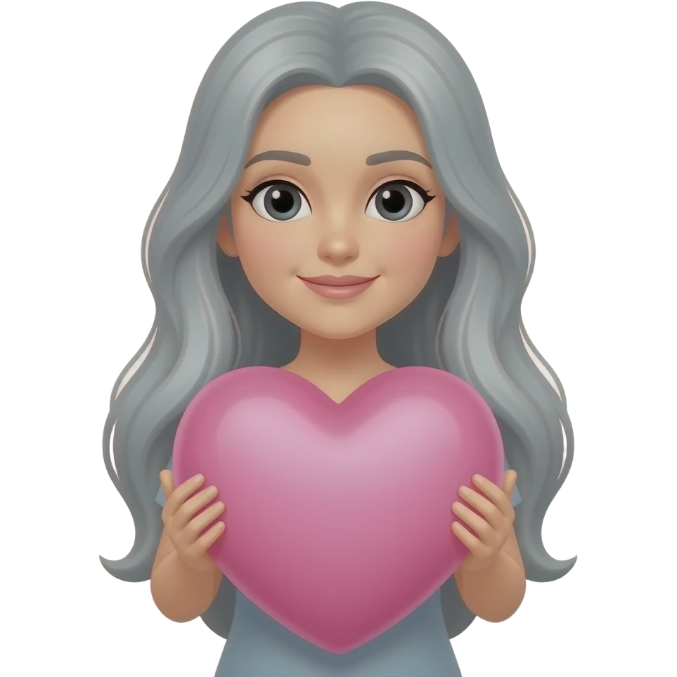 gray long hair lady -with black eyes, -holding a huge light pink heart emoji