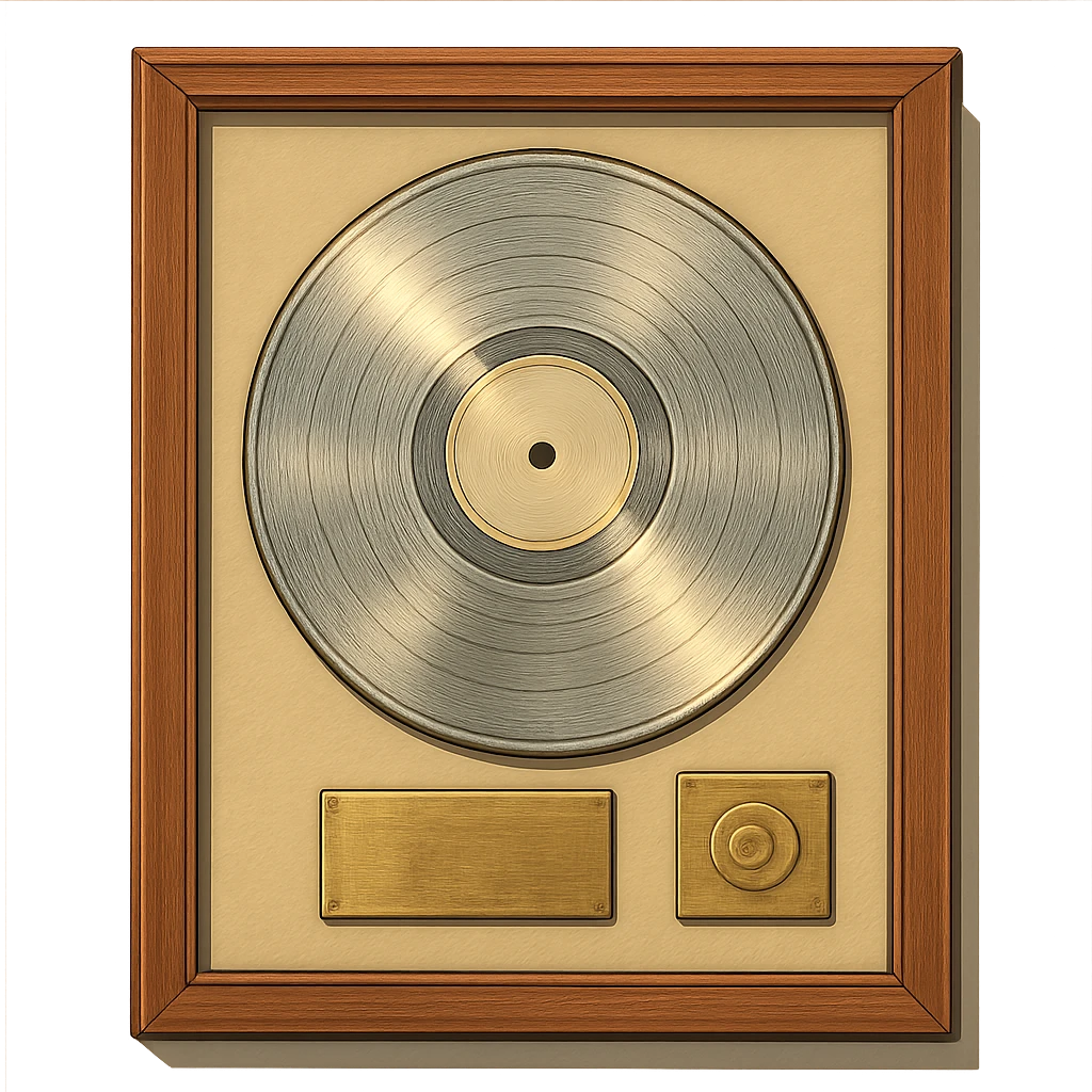detailed ghibli style illustration of a platinum record award in a frame, soft lighting, elegant emoji