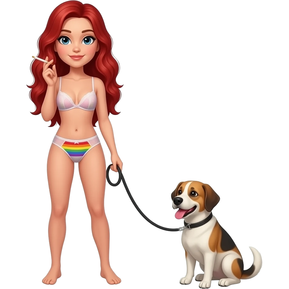 A full body image of A women standing with long red hair and wearing bru and underwear and there color 🏳️‍🌈 add a dog beside her and she is holding his leash And trying to make the dog smoke from her hand emoji