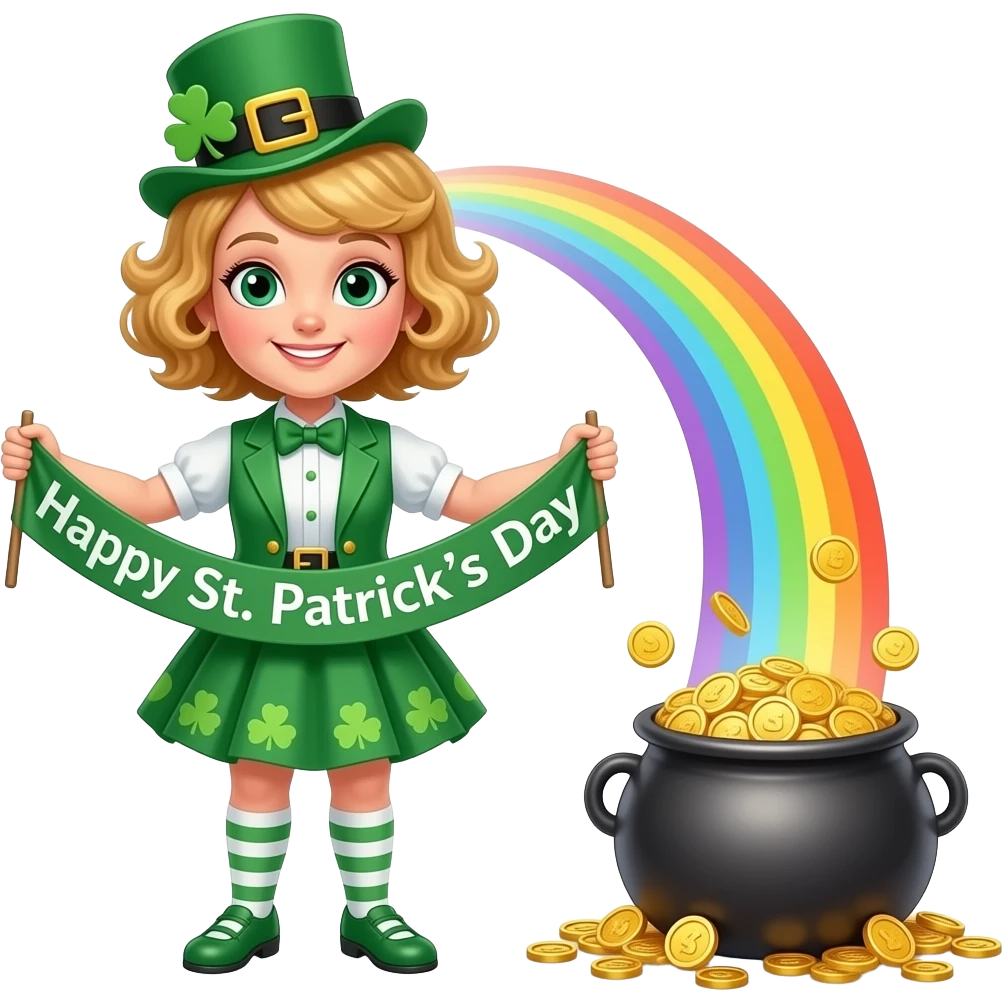 blonde tight curly hair in a short bob with Happy St. Patrick's day banner in an St. Patrick's outfit with rainbow and a pot of gold emoji