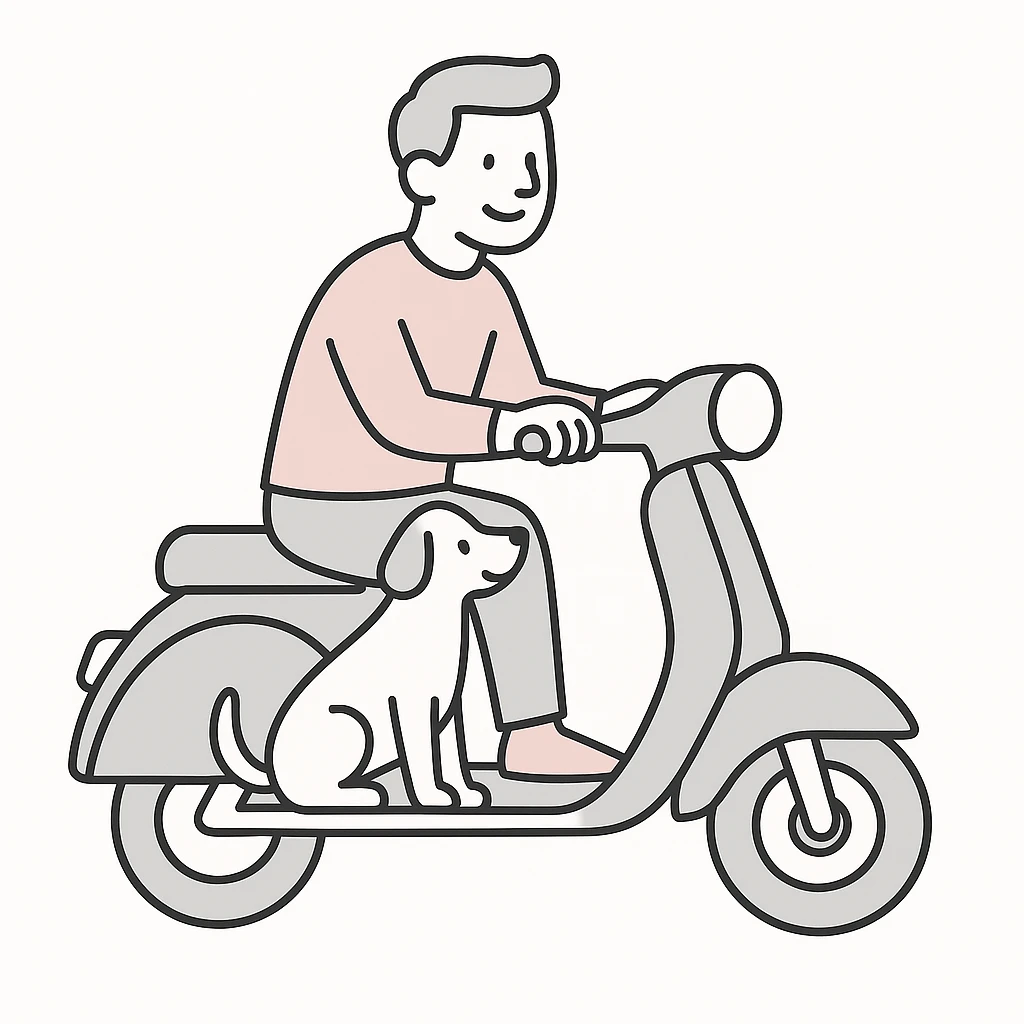 man and his pet dog riding a vespa emoji