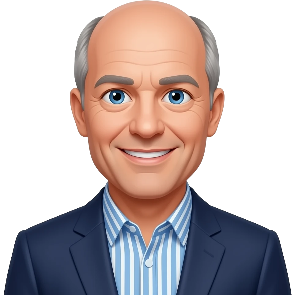 DJR - man, mid 70's, thin grey hair, balding head, blue eyes, blue and white vertical striped shirt, dark blue blazer, friendly smile emoji