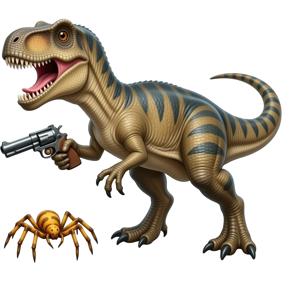 A cryolophosaurus battling a cheesespider in mexico with guns emoji