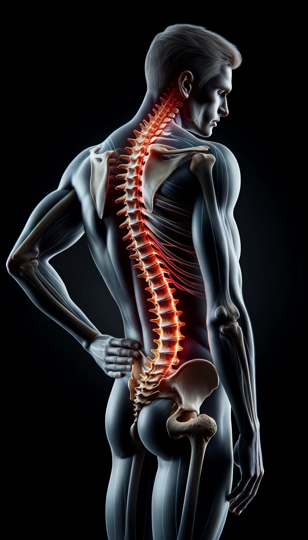 corpo umano anatomico di profilo e fisico storto, spina dorsale in evidenza, dolore alla schiena su un lato, iperrealistico 4k emoji