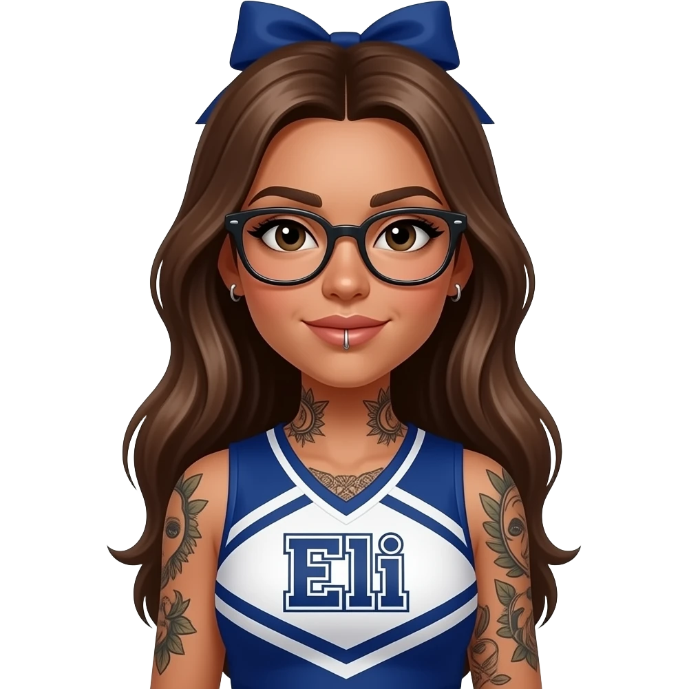 tan girl with glasses, eyebrow piercing and septum, with tattoos on her throat and arms, and long hair, wearing a cheerleader outfit that says “Eli” emoji