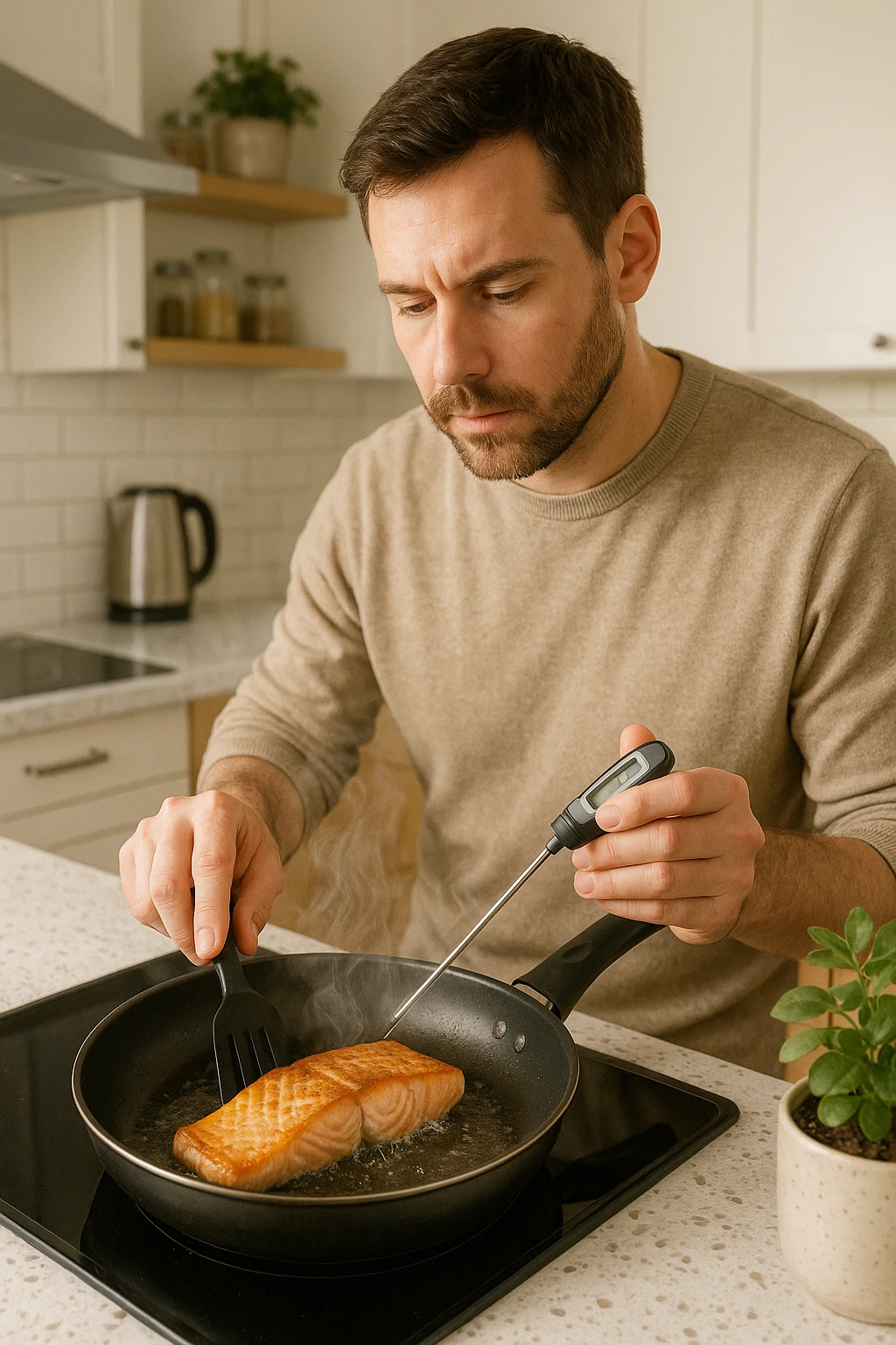 Uomo tra i 30 e i 45 anni in cucina moderna, concentrato mentre cucina un filetto di salmone fresco in padella. Si vede il vapore che sale, la superficie del salmone dorata e ben cotta. L’uomo usa utensili puliti, termometro da cucina nella mano sinistra per controllare la temperatura interna. Sullo sfondo, atmosfera luminosa e pulita, messaggio visivo implicito di sicurezza alimentare e buona pratica. Stile realistico e rassicurante, colori caldi e tono domestico. emoji