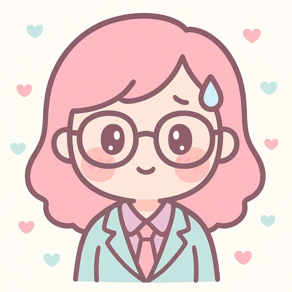 a hot office woman with glasses, a sweat drop coming down from her head, and an ashamed facial expression, kawaii cute style emoji