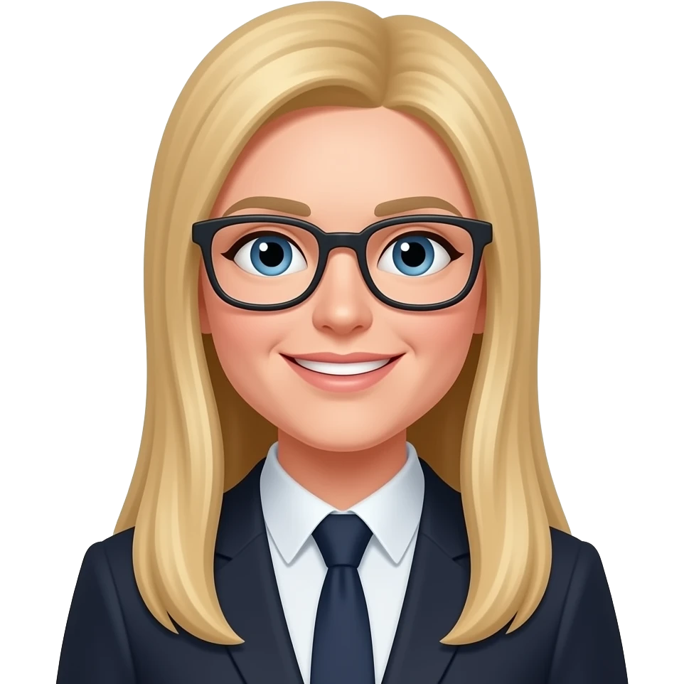 HAPPY, white, very long long striaght blonde hair, teacher  with glasses emoji
