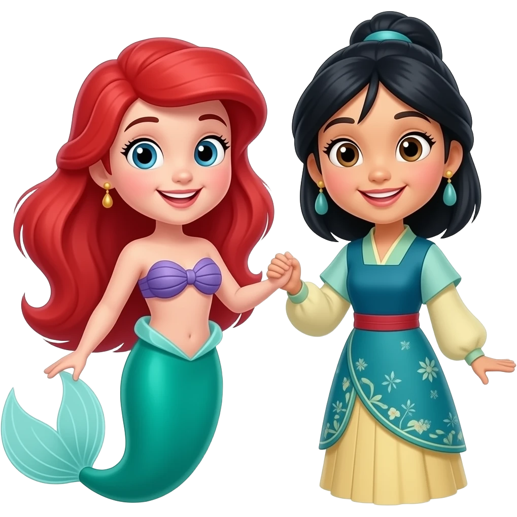 Ariel and mulan princesses disney but make them look cute and bestie like but in a 1990 drawing way emoji