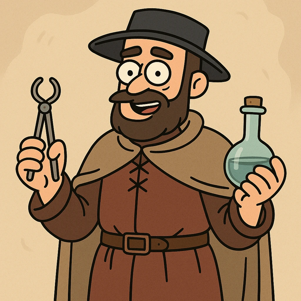 Tudor doctor, holding medical tools, flat toon cartoon style emoji