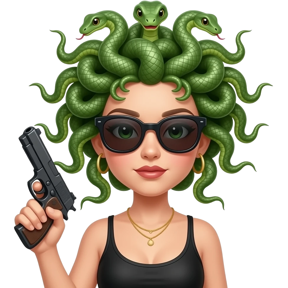 Beautiful Medusa with sunglasses holding gun emoji