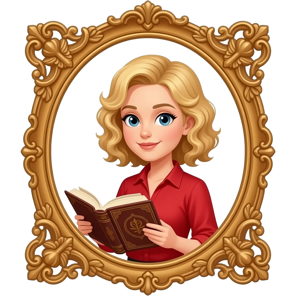blonde curly bob reading an antique book in a red shirt and antique frame emoji