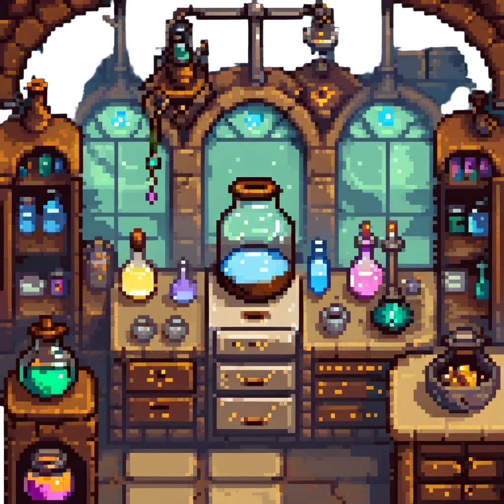 A mystical baker surrounded by bubbling glass flasks, enchanted ingredients, and a brass-trimmed oven. The workspace feels like a magical lab with parchment scrolls, glowing powders, and steampunk-style machinery. UI elements resemble aged parchment, crystal knobs, and smoky overlays. emoji