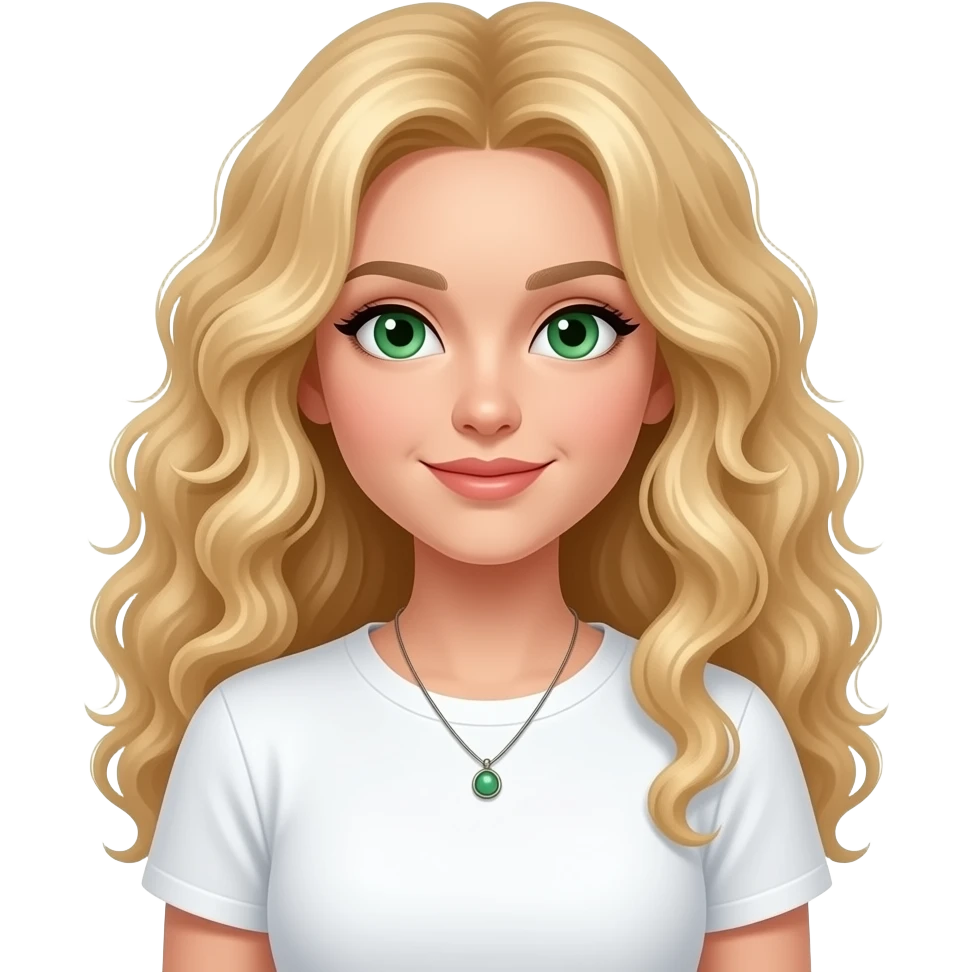 long blonde curl hair green eyes wearing white T-shirt, necklace emoji