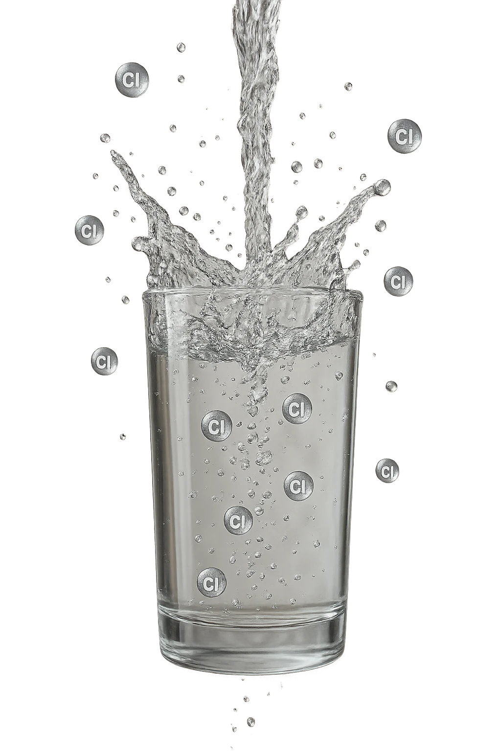 un bicchiere di acqua cade verticalmente dall'alto realistico e dettagliato, dentro l'acqua del bicchiere ci sono particelle di cloro ben visibili con la scritta "Cl" sopra, ci sono particelle anche che escono dal bicchiere e fluttuano in aria verticalmente, mentre alcune sono all'interno dell'acqua nel bicchiere, iperrealistico 4k emoji