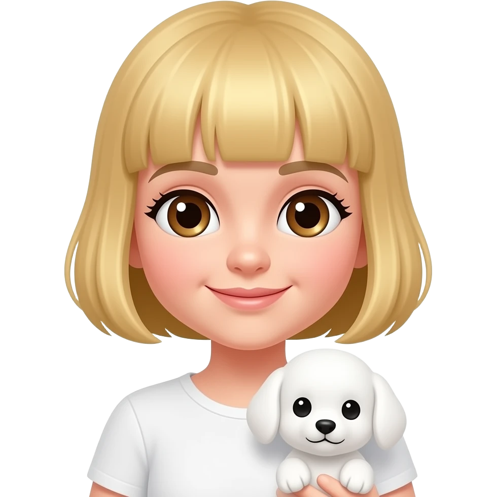 a blond girl with bob haircut and brown eyes, holding a cute white fluffy puppy emoji