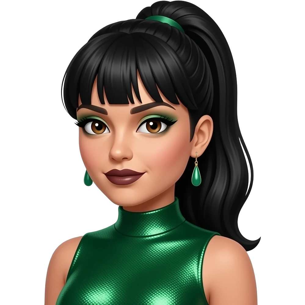 Lisa Left Eye Lopes from TLC with dark brown eyes, black 1990s high ponytail bang hair, green eyeshadow, dark brown lipstick, green metallic high neck dress, earrings emoji