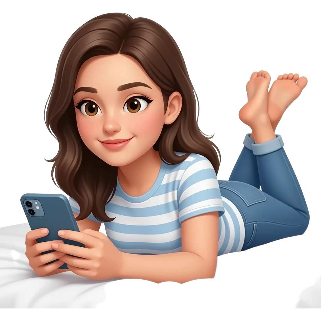 침대에 누워서 휴대폰을 보고 있는 캐주얼한 스타일의 예쁜 20대 여성 이모지 emoji