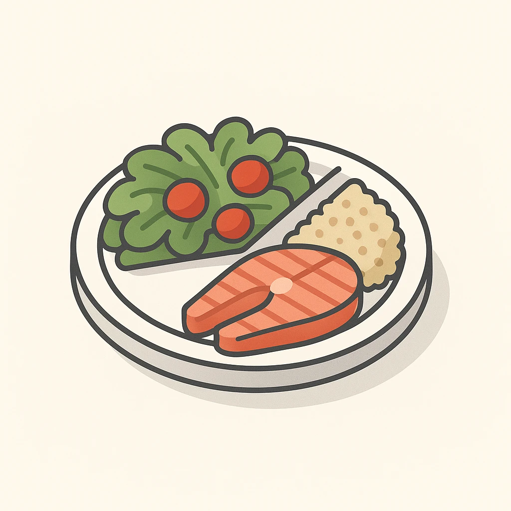 Harvard plate, half with salad greens and cherry tomatoes, one quarter with grilled salmon steak protein, one quarter with quinoa complex carbs, 2D isometric illustration style emoji