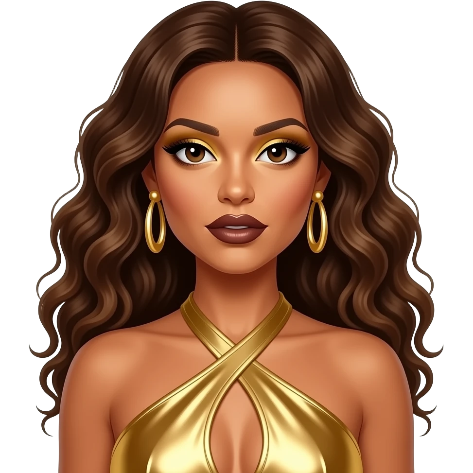 Mel B from Spice Girls with dark brown eyes, long brown curly hair, gold eyeshadow, dark brown lipstick, gold metallic halter dress, gold earrings emoji
