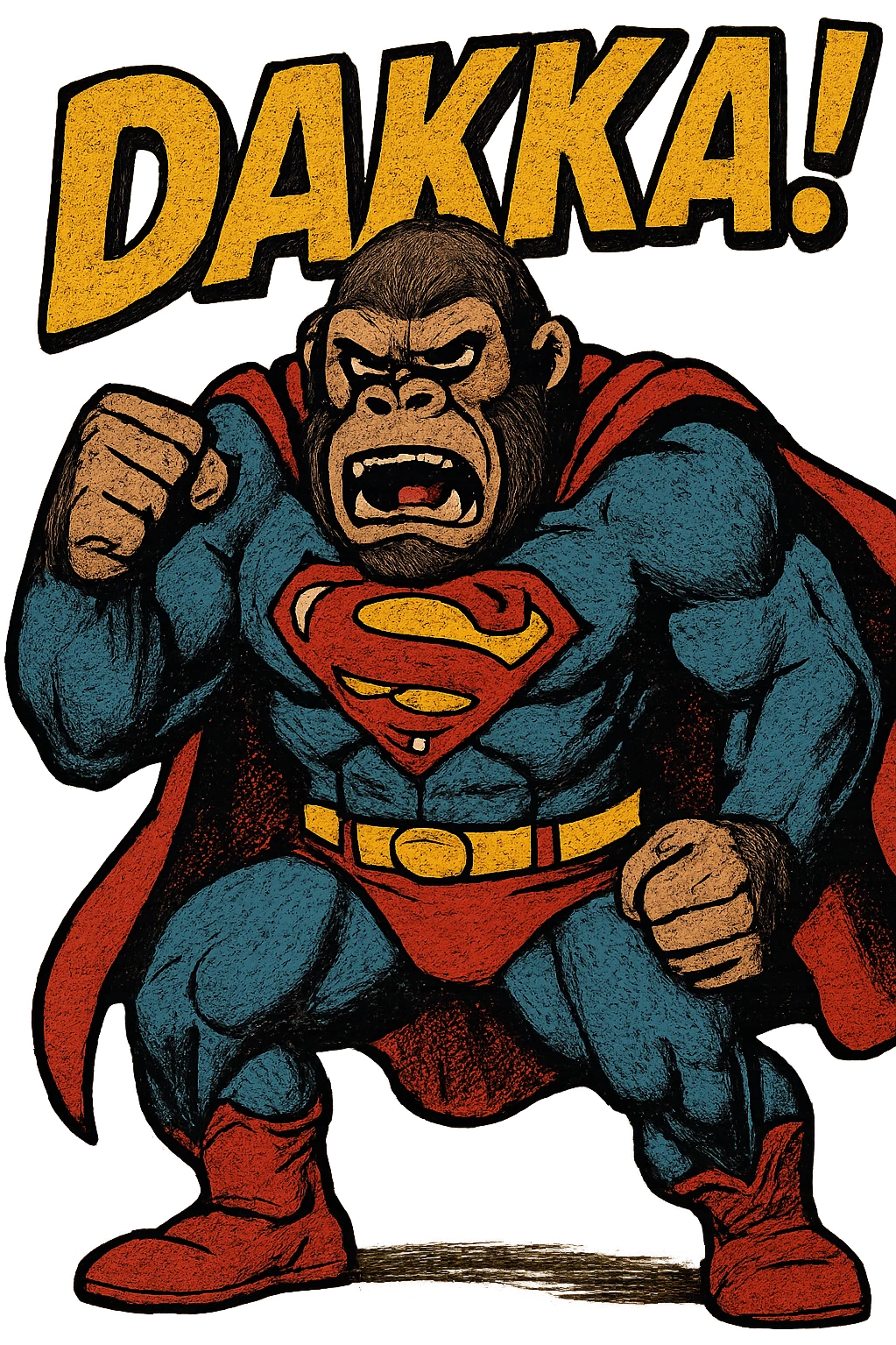 an angry gorilla dressed like superman in a super hero pose with the name DAKKA above it emoji