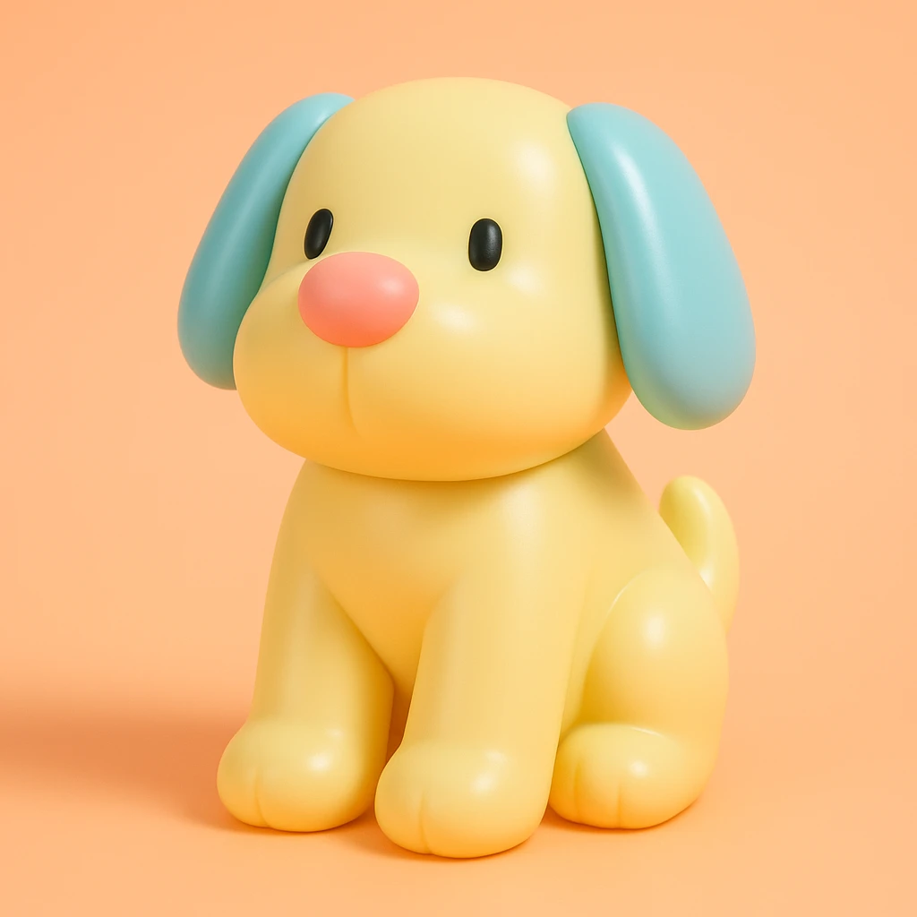               Transform {subject} into a soft vinyl figure with a smooth, glossy surface. The material should look slightly rubbery and tactile, with minimalistic curves and a matte-gloss hybrid finish. Use pastel or soft solid colors. The surface is seamless, with no visible textures or roughness. Studio lighting, vibrant background, clean, playful, designer toy aesthetic. {subject} = dog emoji