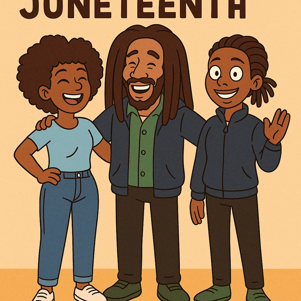 A woman Kinky hair light blue shirt blue jeans white shoes boy Dreadlocks dark brown hair green shuts navy blue zip up hoodie black jeans green shoes Bob Marley Vanessa Nakate Mae Jemison Happy JUNETEENTH emoji