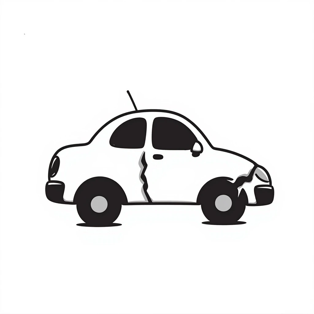 cartoon car with a big dent in the side, hand-drawn doodle style emoji