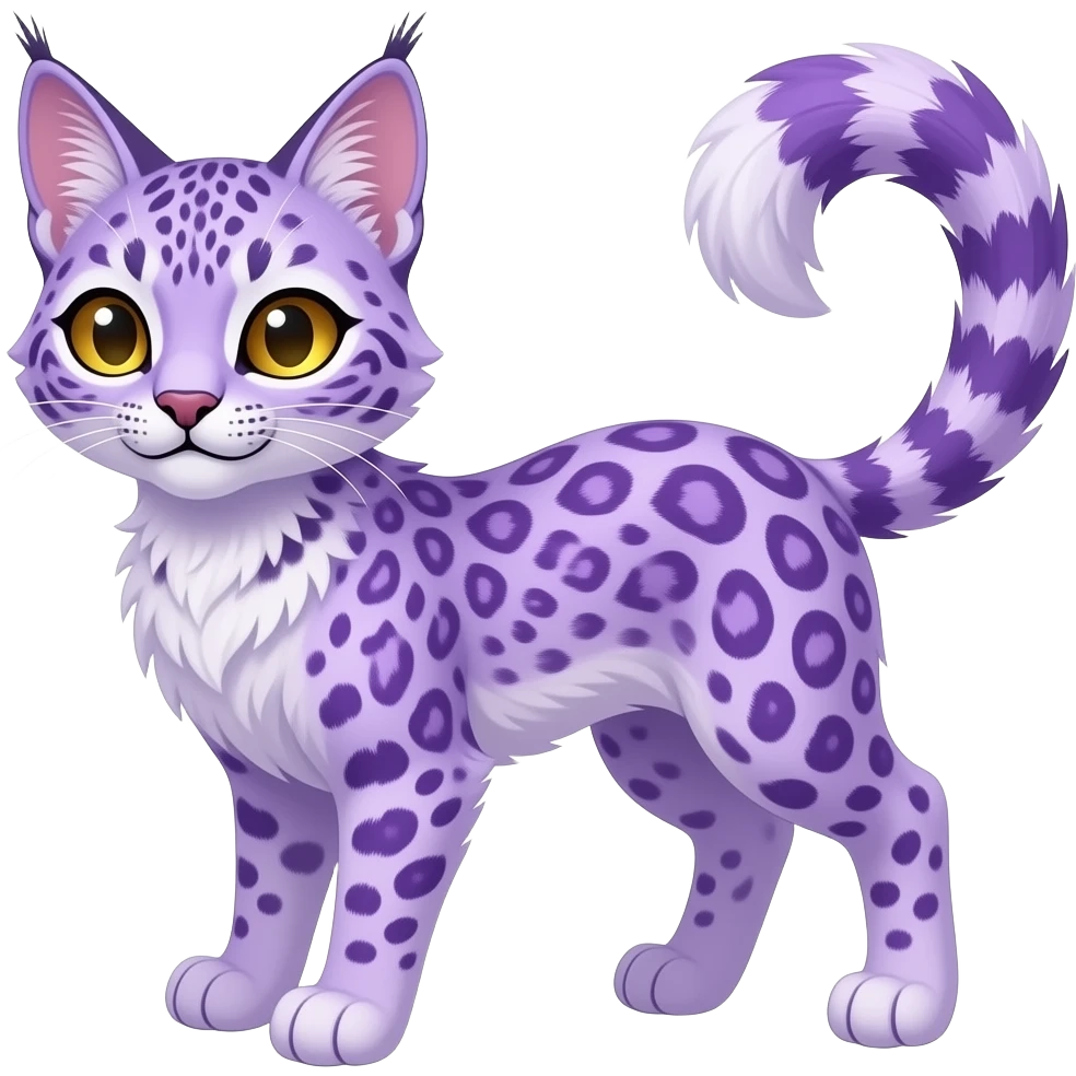 cute beautiful elegant lanky feathery, wisteria-purple, fantasy-caracal-civet-snow-leopard-bobcat-genet-animal-Fakémon-hybrid, long thin tufted tail, golden eyes emoji