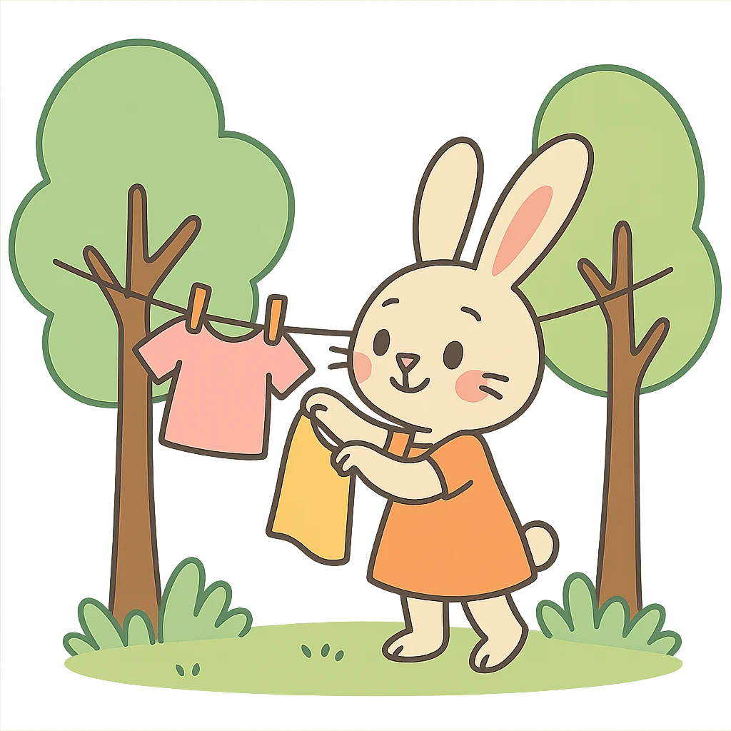 bunny hanging laundry between trees, calming domestic forest feel, pastel colors, flawless, high quality, no imperfections emoji