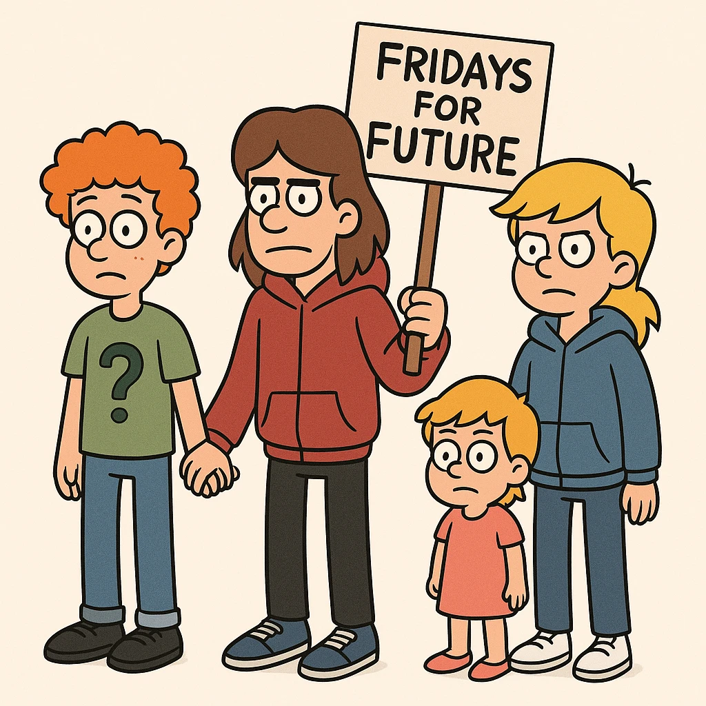  Fridays for Future a boy orange curly hair green question t-shirt jeans black shoes boy brown Hockey Hair red hoodie black trousers navy blue trainer shoes girl yellow hair with shirt dress pink shoe boy Yellow Orange hair blue jackets hoodie dark blue jeans white shoe  emoji