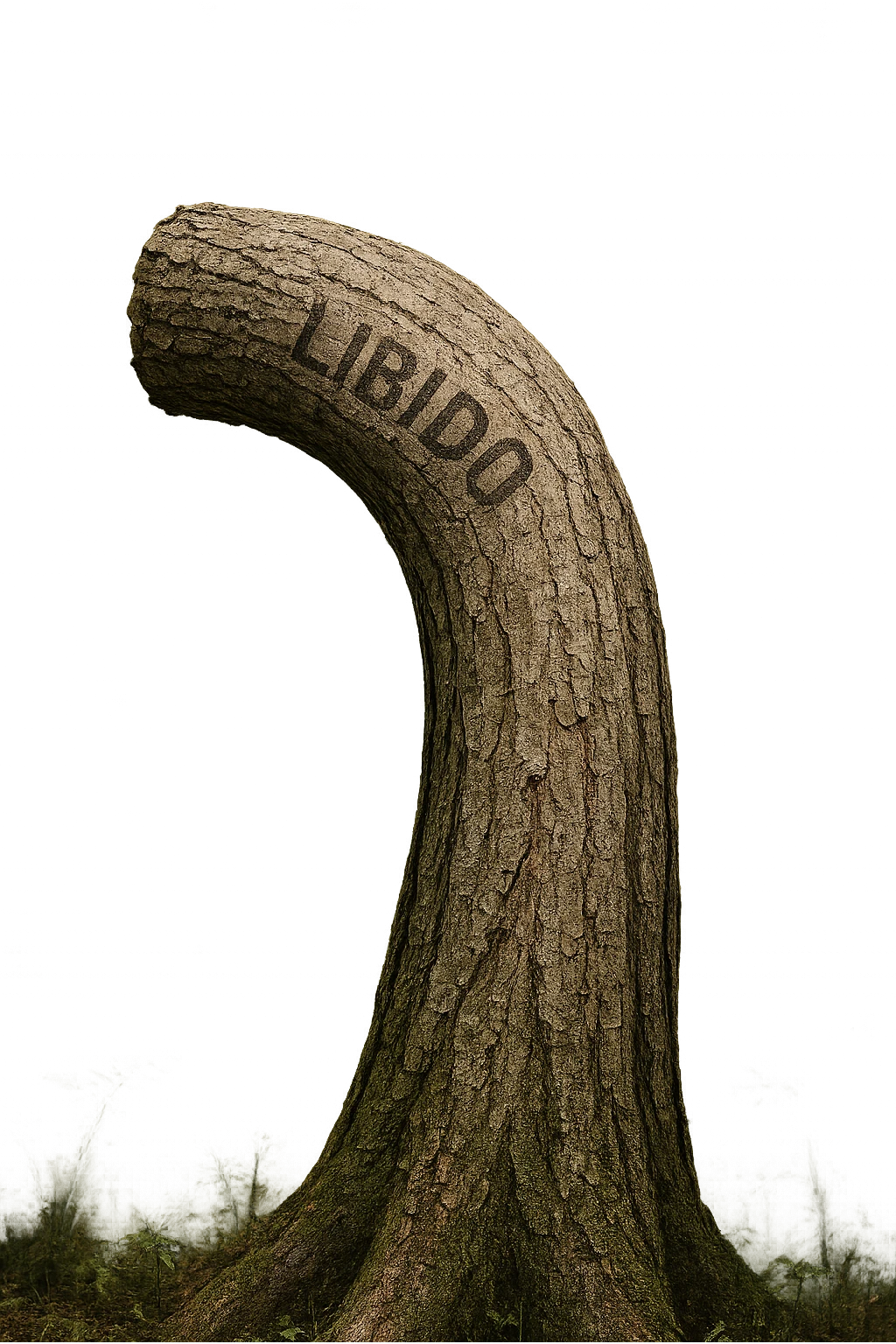 Realistic, vertical 4K illustration: a hyperrealistic tree trunk in a forest setting, noticeably bent, drooping, or wilted instead of standing upright. The bark is textured and detailed WITH THE WORD "LIBIDO" PRINTED ON IT, with subtle cracks and faded colors suggesting loss of vitality. Soft, natural light filters through the surrounding trees, casting gentle shadows. The scene is quiet and contemplative, with the trunk’s unusual, slumped posture symbolizing a decline in male libido. The background is lush and detailed, but the focus remains on the central, softened trunk, evoking a sense of vulnerability and introspection. emoji