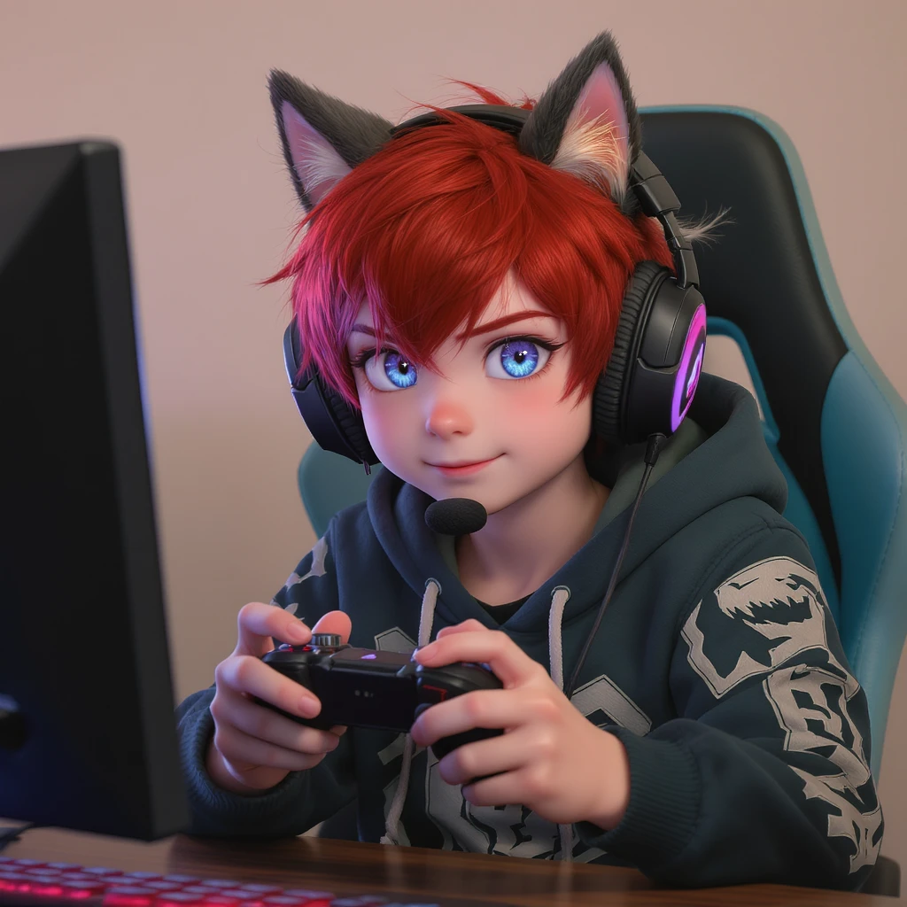 Red hair blue eye boy gaming with wolf ears emoji
