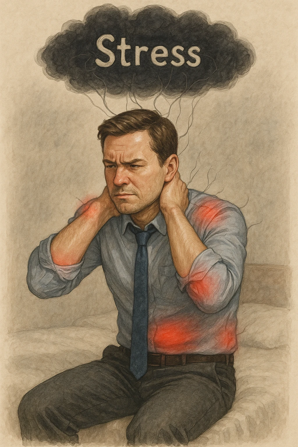 Uomo tra i 30 e i 40 anni in abiti da ufficio, seduto su una sedia o sul letto, con mani sul collo o sulla testa, visibilmente stressato. Attorno al corpo si vedono aree evidenziate di dolore (spalle, stomaco, schiena) rappresentate da leggere sfumature rosse o pulsanti. Sopra la sua testa, una nuvola scura con la parola 'Stress' scritta dentro, collegata al corpo con fili o nervi tesi. L'espressione dell’uomo è di frustrazione ma anche convinzione: crede che sia solo lo stress. Stile realistico con accenti simbolici psicofisici emoji