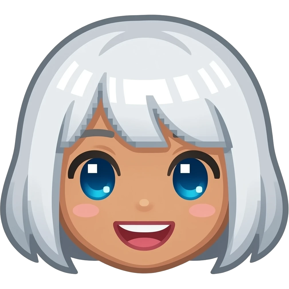 6-bit Chibi square pixelated head icon of a girl laughing white white short hair blue eyes pixel square eyes and brown skin emoji