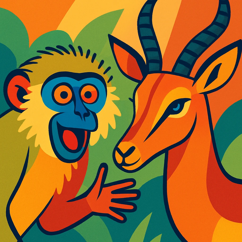 vervet monkey and impala head in vibrant toon style, expressive and colorful emoji