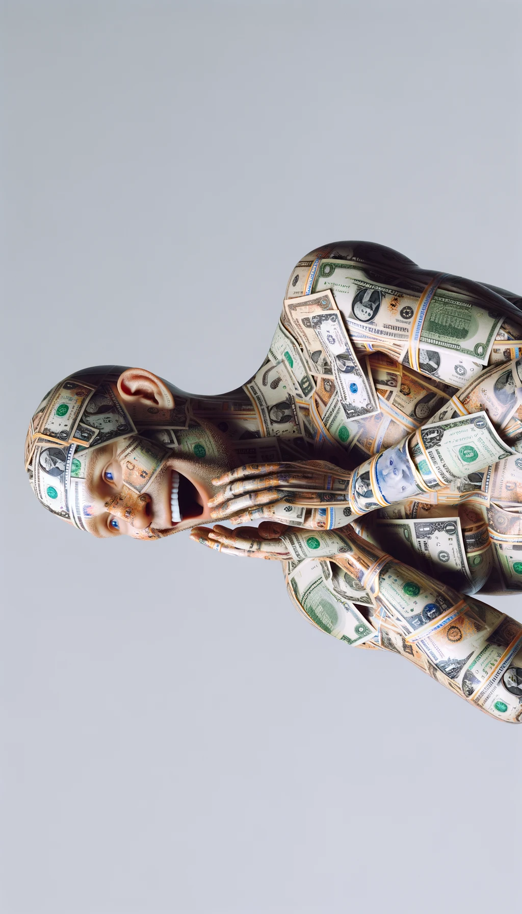 corpo umano anatomico sereno e felice con banconote sparse appiccicate sul corpo, colori realistici del corpo, espressione stupita, iperrealistica 4k, isolato su sfondo bianco emoji