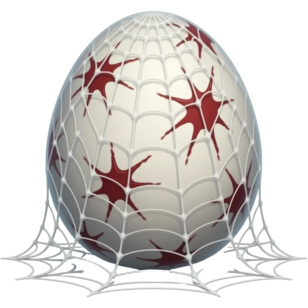 giant Sliken egg pod  with thick coat of huge coating of slik wrappings all over white cocoon  with red claw marks covered with thick layers white  spider slik  webbings wrappings on the ground emoji