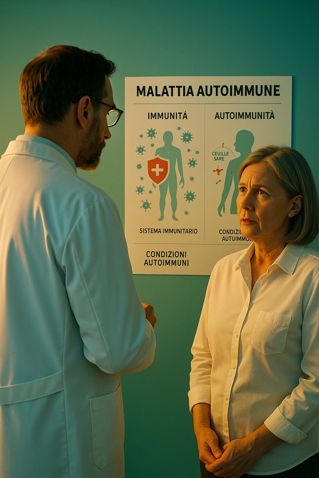 Realistic, detailed photo taken from behind of one doctor e un paziente —a bearded man and a middle-aged woman—standing and facing each other as they discuss an autoimmune disease diagnosis in front of a medical chart that displays information about the immune system and autoimmune conditions. The scene is illuminated by a yellowish, orange, warm light that softly envelops the doctors. The entire room is bathed in a single green-blue color, creating a cohesive and modern atmosphere. Both doctors wear white coats, and their body language suggests a serious, professional conversation about the complexities of autoimmune diseases. Shot with a Canon EOS R5, with high detail and natural depth of field. in italiano emoji