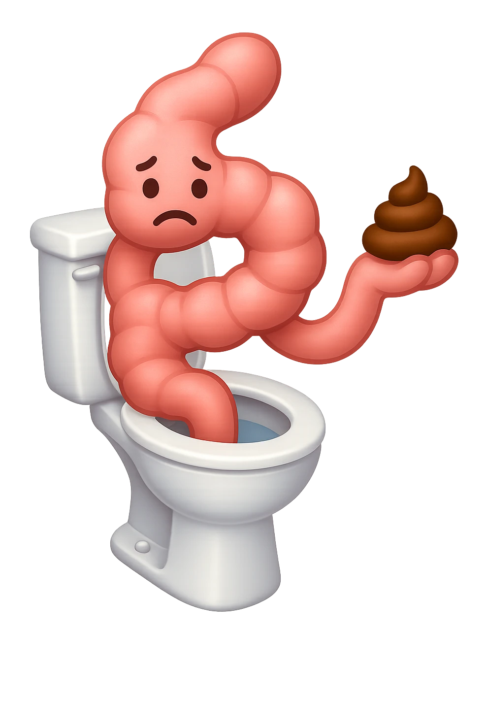 emoji stile iphone di un intestino che esce dal wc con in mano una montagnetta di feci con espressione triste a palline emoji
