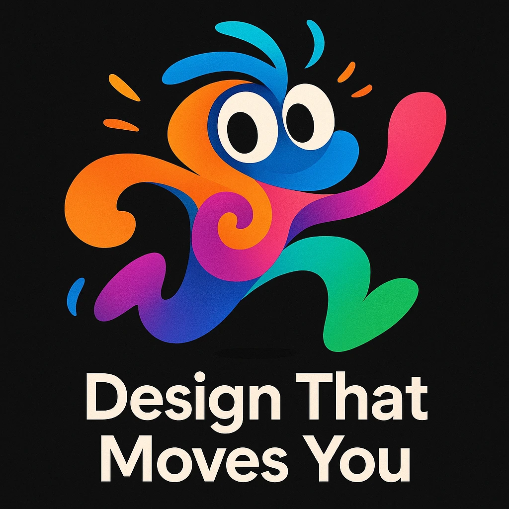 abstract mascot for a black website, playful and energetic, with expressive eyes and flowing forms to show thinking and movement, bright lively palette, for a creative tech portfolio, includes the tagline 'Design That Moves You' emoji