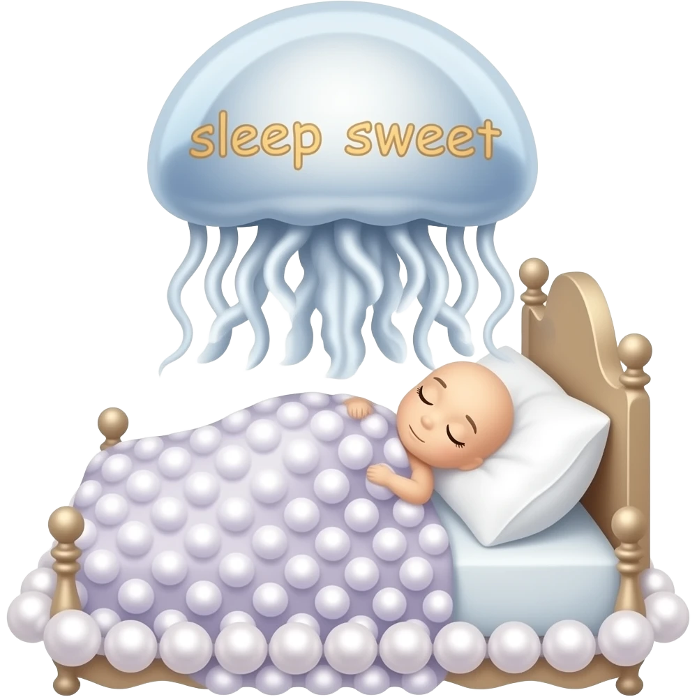 The words "sleep sweet" are hovering over a jellyfish which is sleeping on a bed of pearls.  emoji