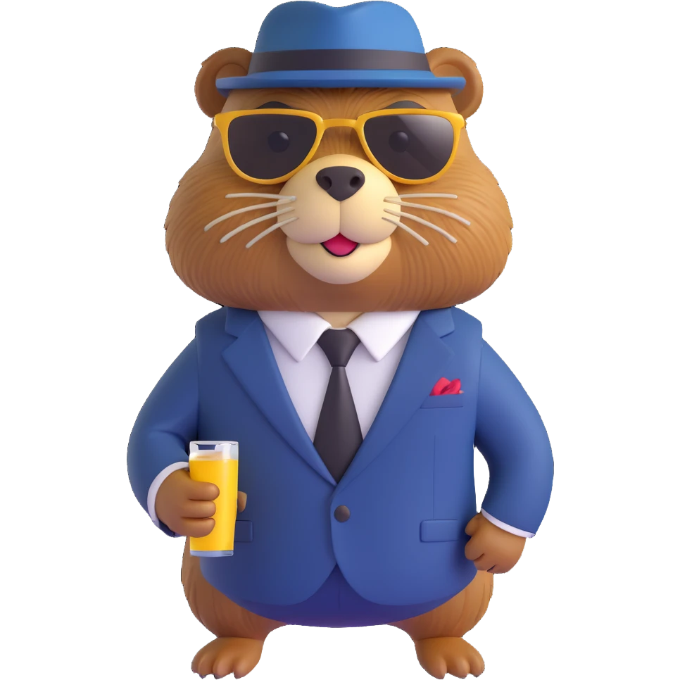 beaver in a pinstripe suit, gold chain, sunglasses, gangster attitude emoji