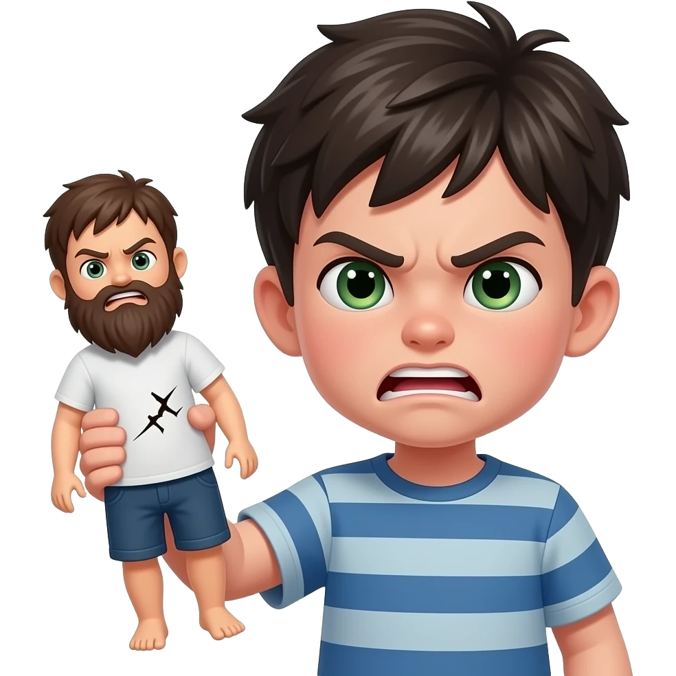Little slim dark haïr boy with dark green eyes with broken barbu doll in one Hand with very angry fac emoji