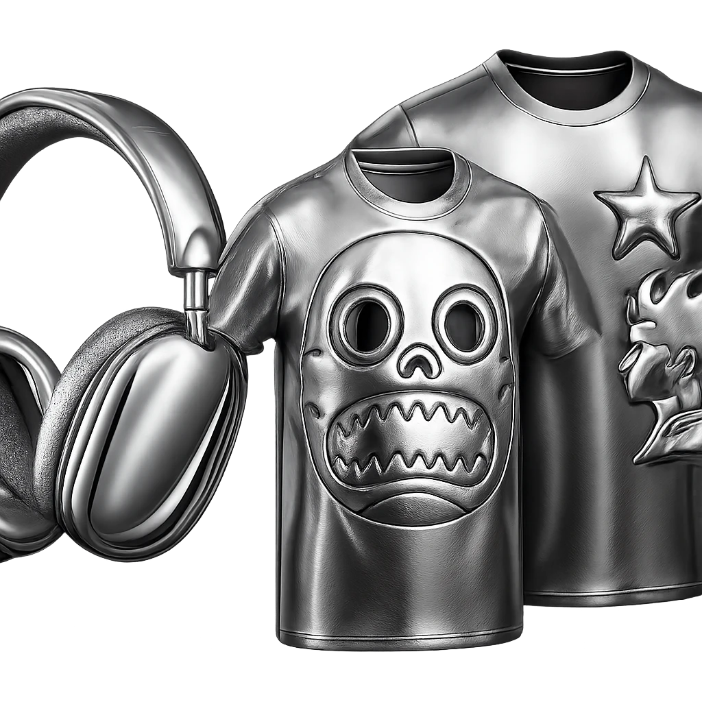 Transform the flame t-shirt into a 3D chrome metallic style, keeping all preset colors and details, highly reflective and shiny, no background. emoji