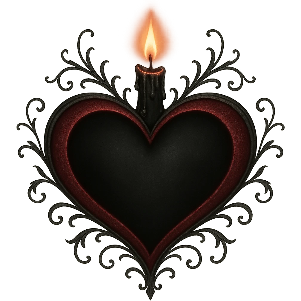 romantic goth heart with a candle and soft glow, gothic style, black and crimson, delicate emoji