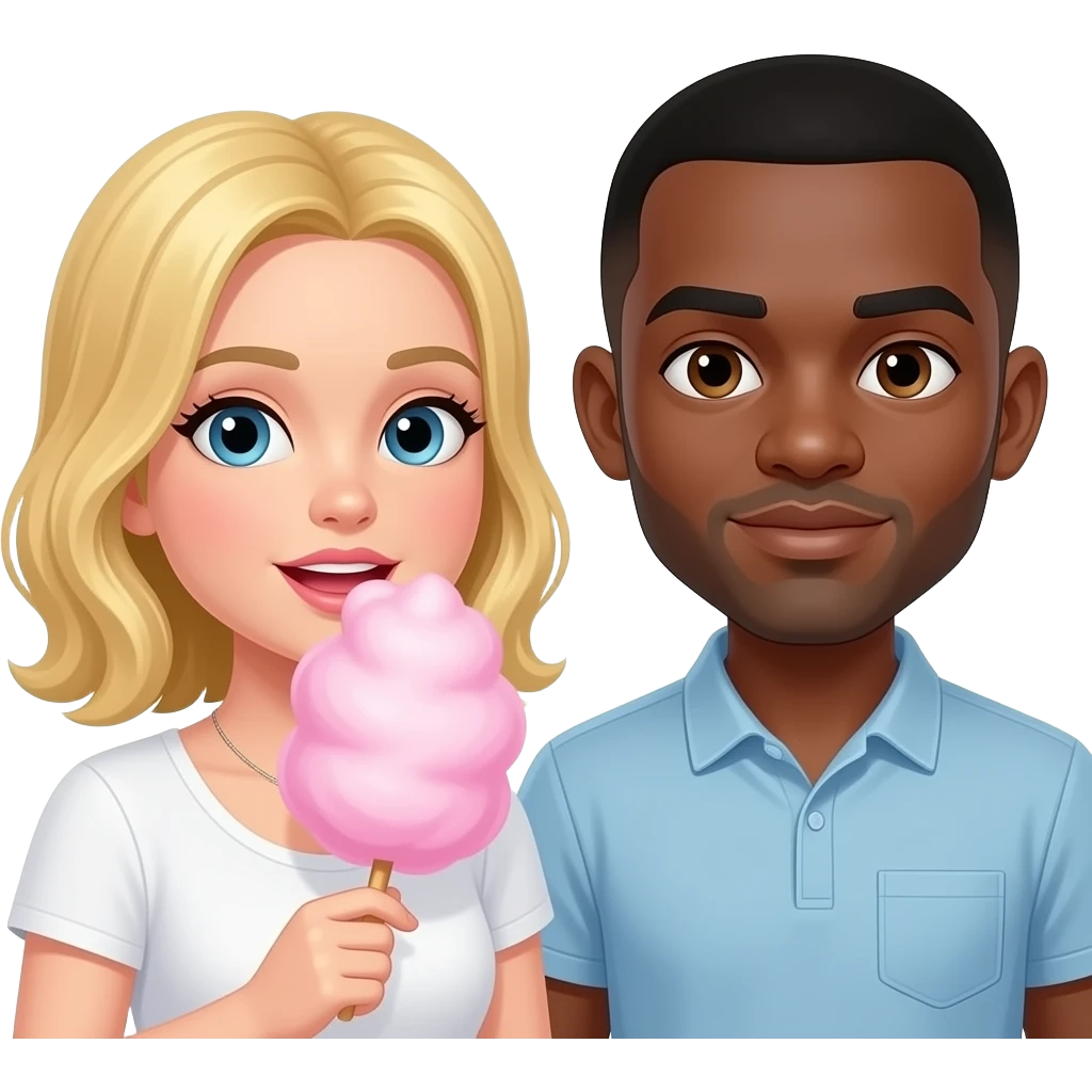 Blonde woman eating cotton candy with black man with shaved head emoji