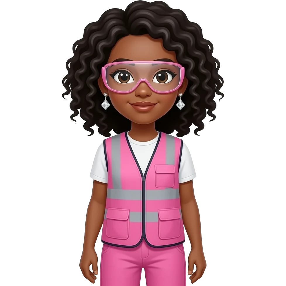 African American  light skin tone women with shoulder length curly black hair wearing diamond earrings wearing pink and clear safety glasses wearing a pink construction vest wearing pink pants emoji