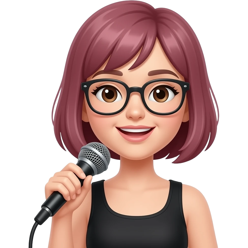 a girl singer with mehroon short hairs hold a mic and wear glasses emoji
