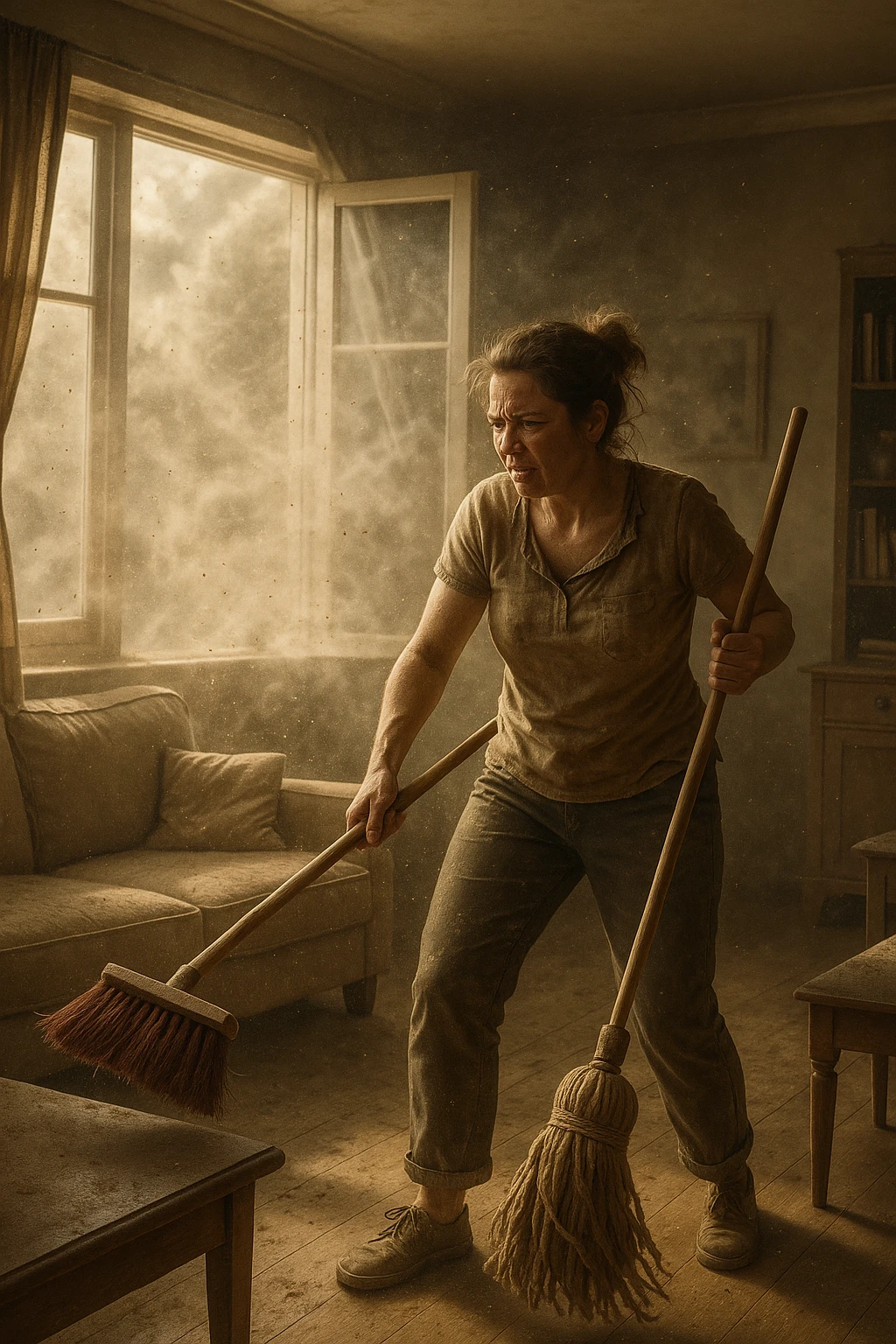 A realistic, cinematic image of a person cleaning a living room with a mop and broom, windows wide open letting in a strong gust of wind. Through the open windows, thick clouds of dust, pollen, and small debris visibly swirl into the room, floating in sunbeams that highlight the particles in the air. The person looks frustrated and tired, mid-action sweeping but clearly battling the incoming dust. Around the room, some furniture and surfaces already show a thin layer of dust settling. The scene is bathed in natural daylight with a slightly hazy atmosphere due to the airborne dust. The color palette uses warm, muted tones emphasizing the contrast between cleanliness efforts and the stubborn dirt and dust invading the space. The focus is on the tension between trying to clean and the unavoidable mess coming in from outside. emoji